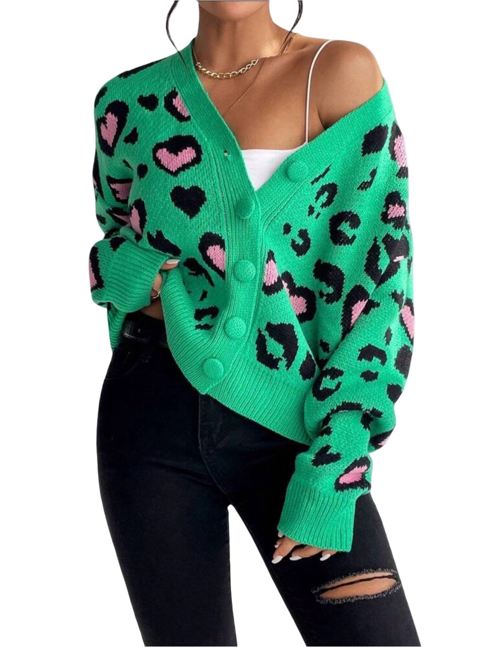 EMERY ROSE Green & Pink Knit Leopard Button-Up Cardigan Medium